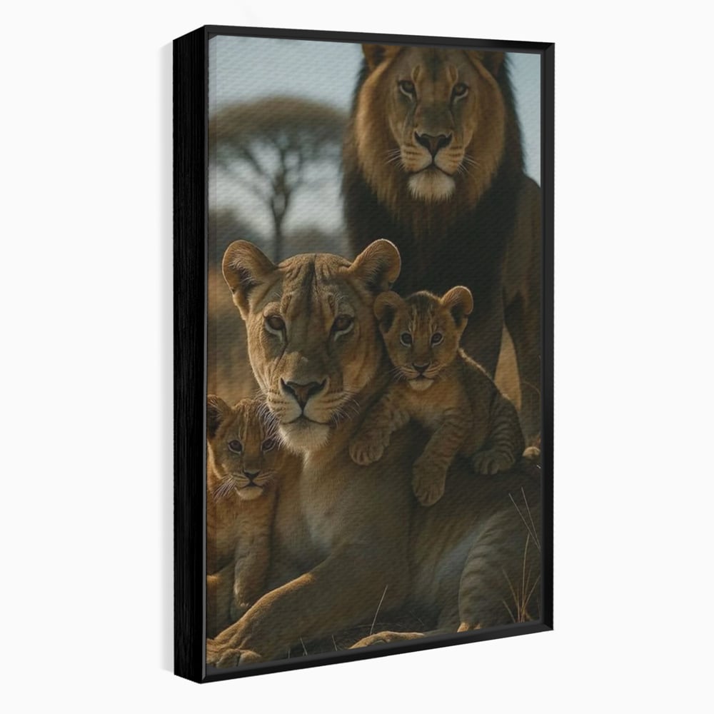 Tablou canvas cu tablou canvas cu familie de lei in savana, in rama de aluminiu negru